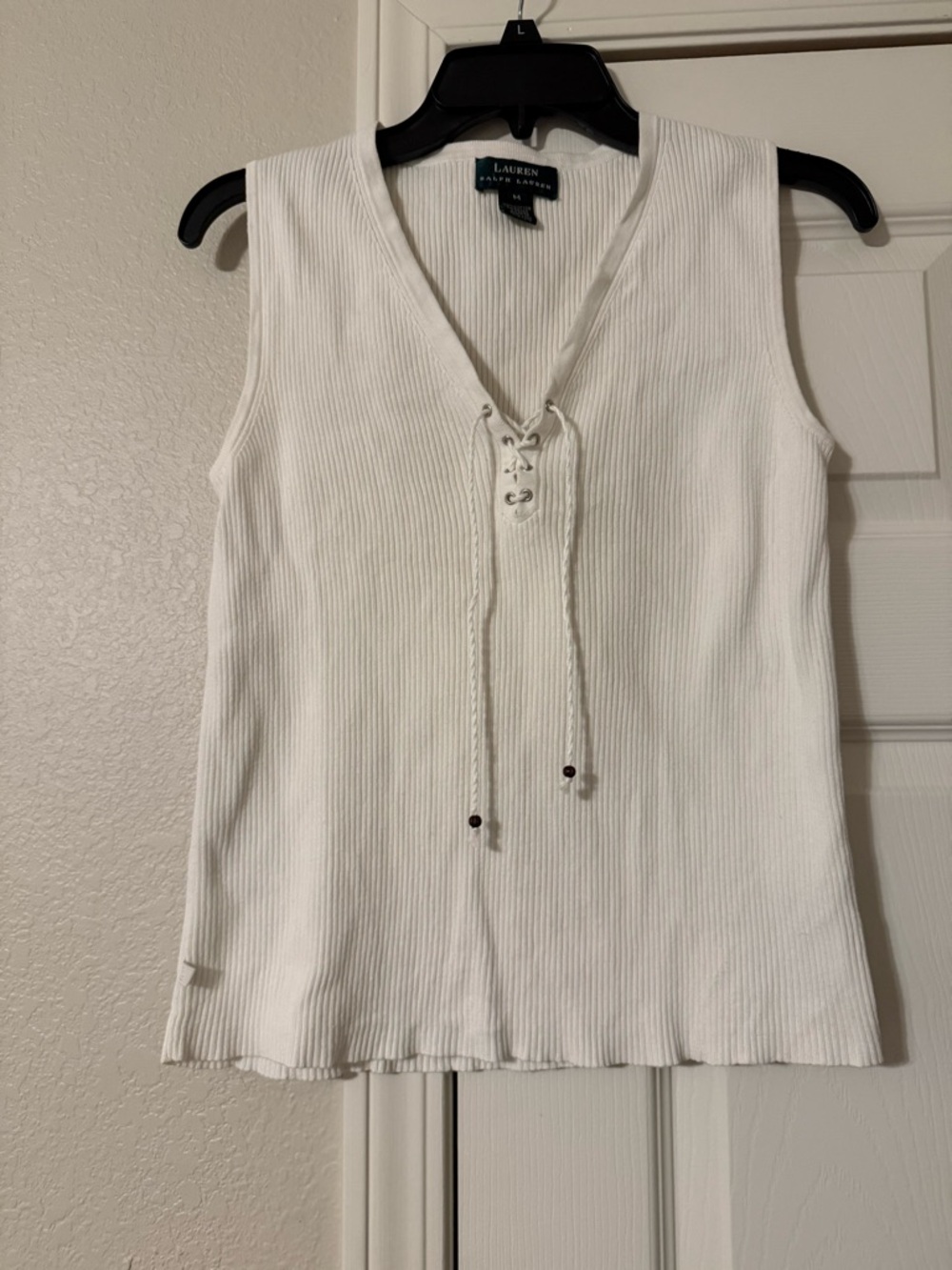 Ralph Lauren White Ribbed Lace-Up V-Neck Tank